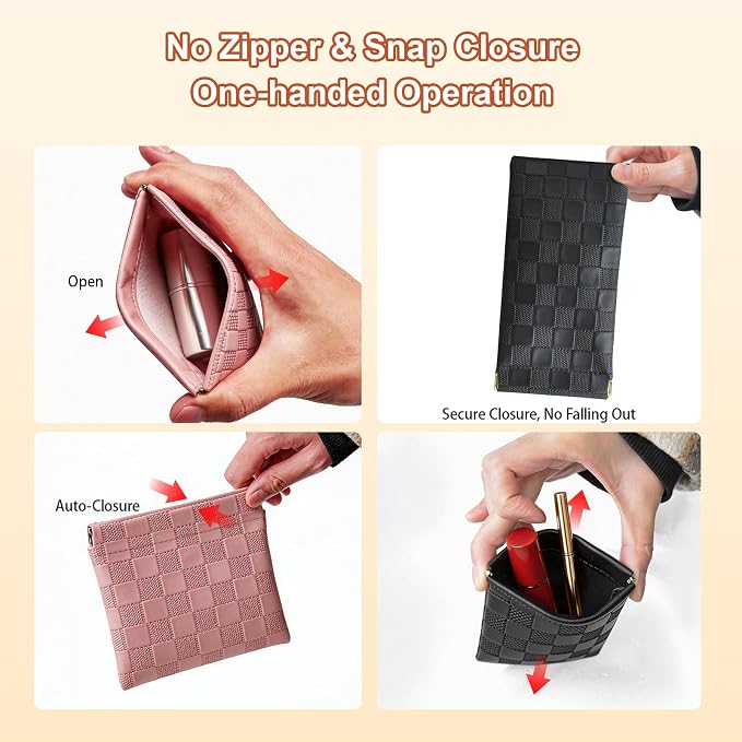 6 Pack 2 Sizes Small Makeup Bag for Purse, Checkered Snap Closure Pouches for Purse, PU Leather Coin Purse for Women, Mini Travel Organizer for Cosmetics Sunglasses Cash Lip Gloss Lipstick