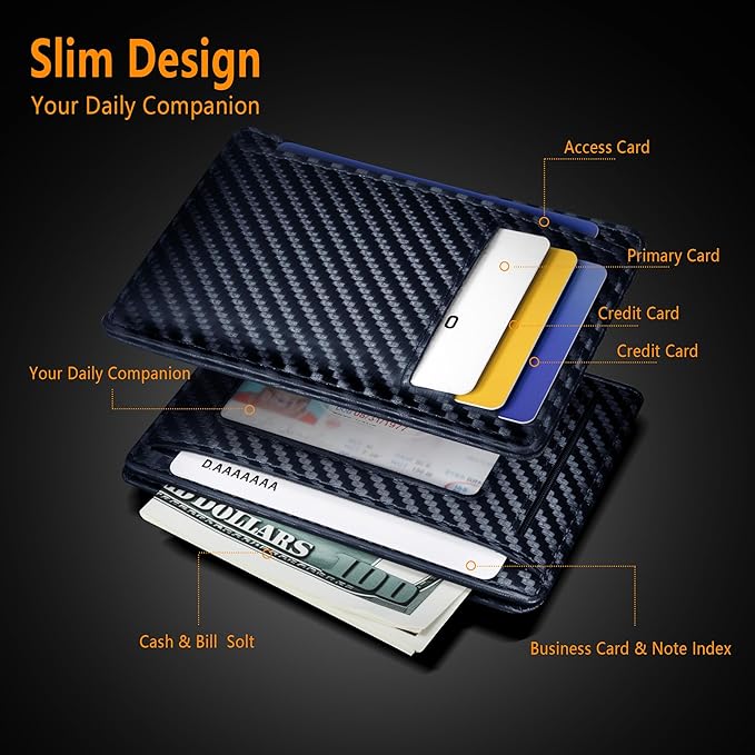 Travelambo Front Pocket Minimalist Leather Slim Wallet RFID Blocking Carbon Fiber Texture