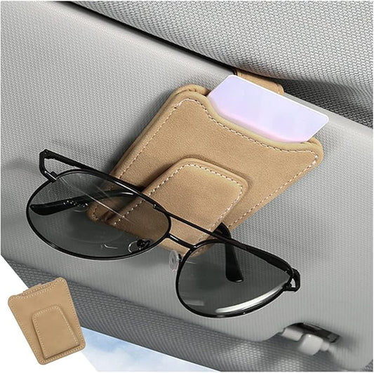 8sanlione Sunglasses Holder for Car Sun Visor, Magnetic Leather Glasses Hanger Clip, Eyeglass and Ticket Card Storage Mount, Auto Interior Accessories Universal for Vehicle SUV Truck (Beige)