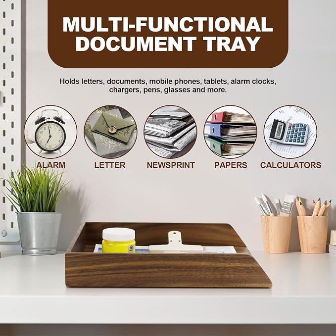 Buqoo Walnut Wood Desk Organizer Letter Tray | 12.9x10.1x2.2in, Rectangular, Serving & Storage Tray, Office/Home