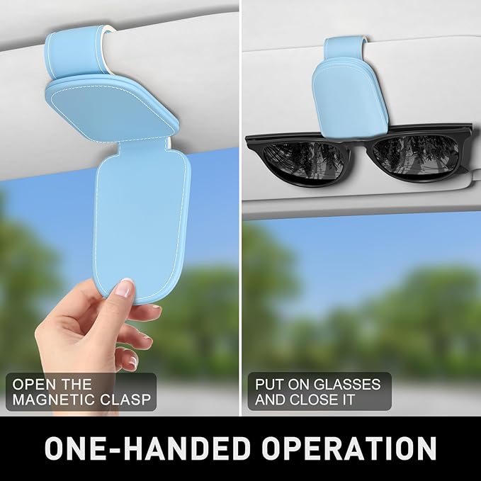 Sunglasses Holder for Car Visor, Magnetic Leather Car Sunglass Holder, Car Sun Visor Glasses Hanger Clip, Car Interior Accessories for Women Men, Fits All Size Eyeglasses