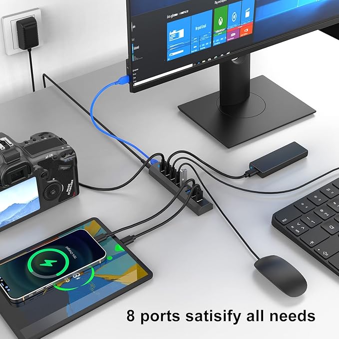 RAOYI Powered USB 3.0 Hub, 8 Ports High Speed USB 3.0 Hub Splitter with 36W Power Adapter, 3.3ft Cable and Smart Fast Charger USB Hub for Laptop, PC, Mobile HDD, Mulitple Devices (Gray)