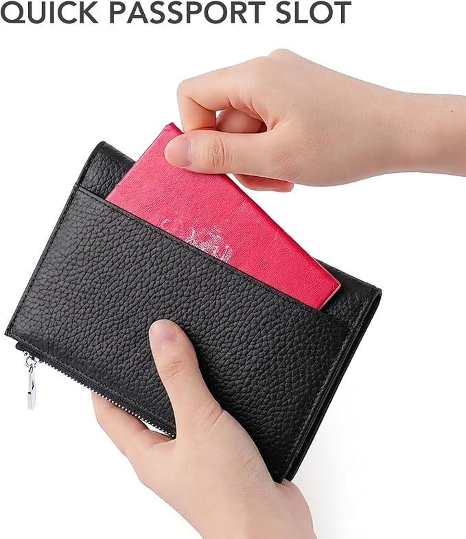 Genuine Leather Passport Holder for International Travel, RFID Blocking Compact Travel Wallet with Card Slots, Zipper Coin Pocket and SIM Slots, Slim Passport Cover Case, Black