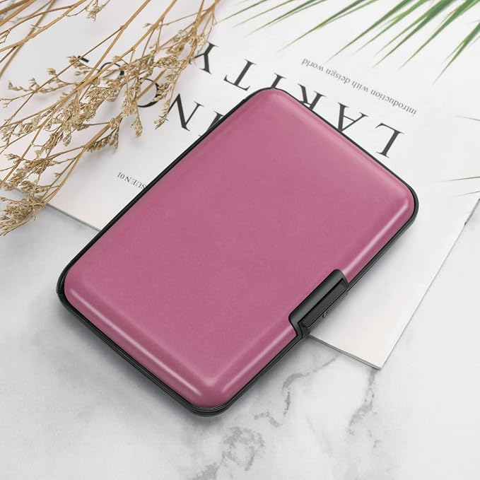 ELFISH RFID Blocking Credit Card Protector Aluminum ID Case Hard Shell Business Card Holders Metal Wallet for Men or Women（Matte Pink