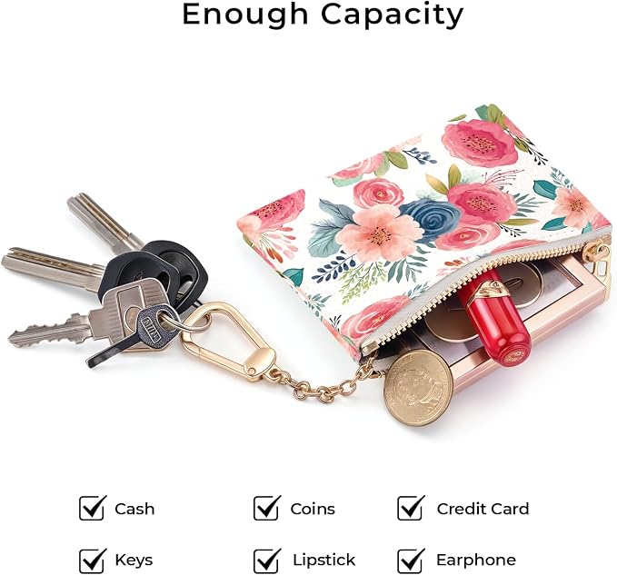 Watercolor Floral Keychain Coin Purse for Women, Small PU Leather Change Pouch, Zipper Little Tiny Travel Wallet for Girls, Cute Kawaii Zip Pocket Coin Holder with Key Ring