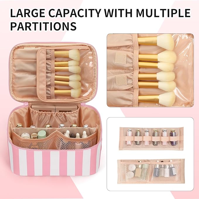 OCHEAL Makeup Bag,Travel Makeup Organizer Bag, Large Capacity Cosmetic Bags For Women Large Travel Toiletry Bag Girls Traveling With Brush Slot And Divider-Stripes Pink