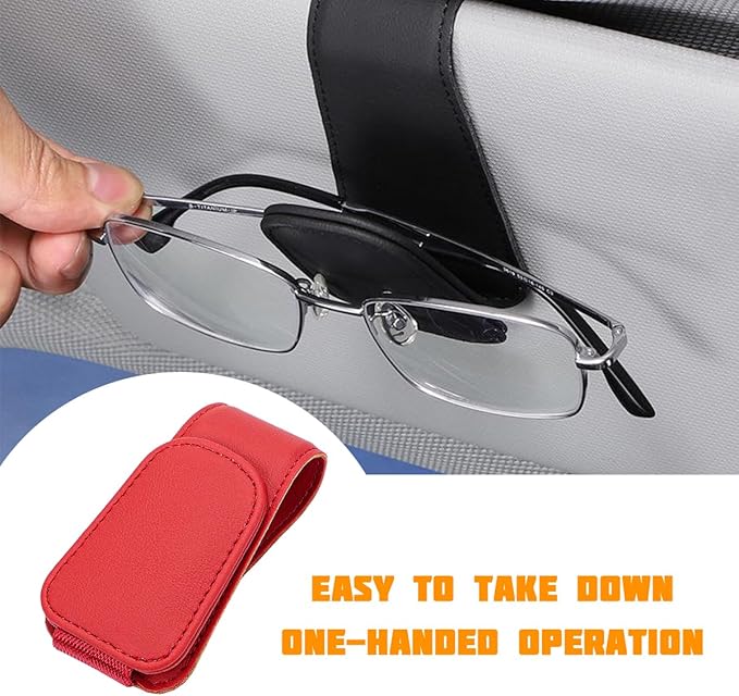 Sunglasses Holder for Car Visor, Microfiber Leather Magnetic Sun Visor Eyeglasses Hanger & Ticket Card Clip, Multi-Function Automotive Interior Glasses Mount, Universal Fit (Red)
