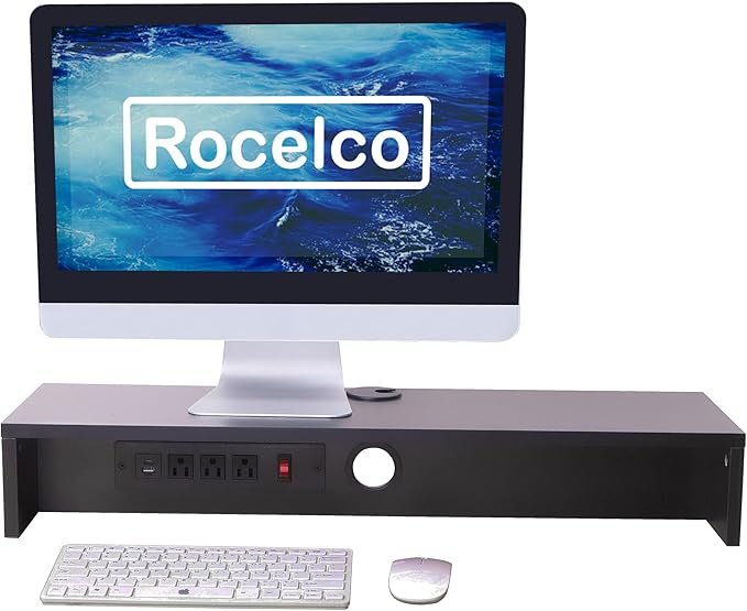 Rocelco 30" Dual Monitor Stand with AC Outlets and USB Power/Charging Strip - Wood Laptop TV PC Riser Shelf with Keyboard Mouse Storage and Cable Management - Black (R DMSV)