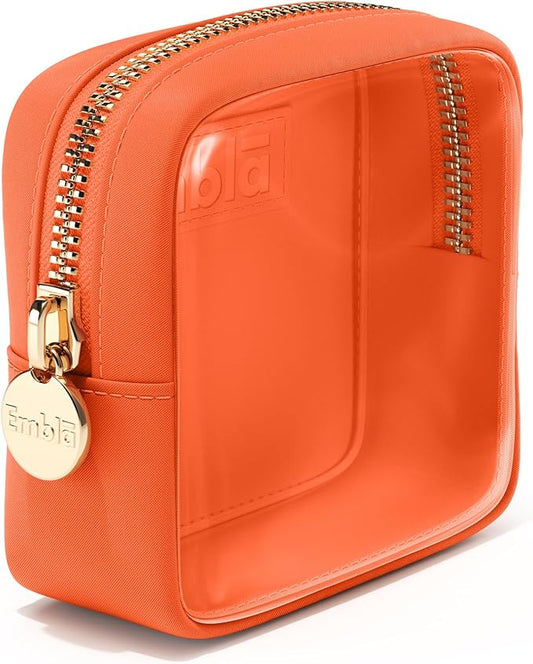 Embla Clear Small Makeup Bag for Purse Cute Mini Make Up Nylon Organizers Tiny Cosmetic Bags for Women Girls Little Toiletry Travel Pouches Zipper Skincare Pouch Organizer Orange
