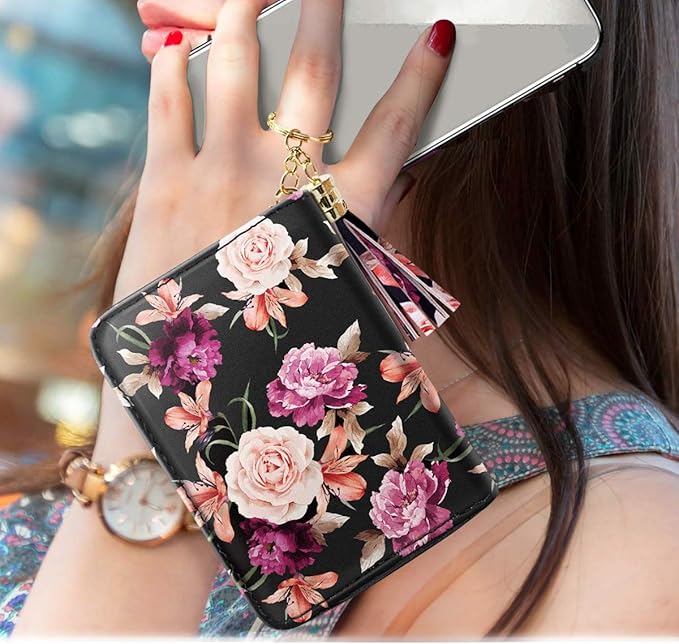 Coco Rossi Women's Flower Credit Card Wallet ID Card Case Floral Cute Accordion Card Holder for Women with Keychan, Black Flower