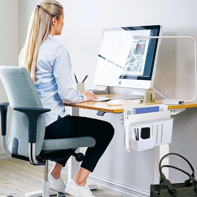 LUKETURE Laptop Holder, Steel Desk Side Storage, No Drill Standing Desk Accessories, Laptop Mount with Pen Holder, Back to School Supplies, Fits Flat Edge Tables 0.3" to 2.8" (White, M(1 Tier))