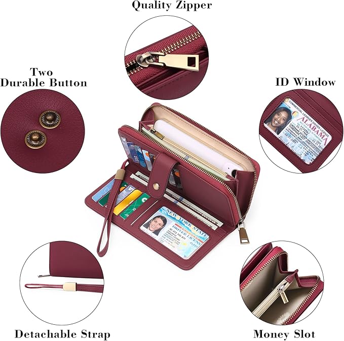 GAEKEAO Wallet for Women Clutch RFID Blocking Wristlet Leather Purse Large Capacity Credit Card Holder with Grip Hand Strap