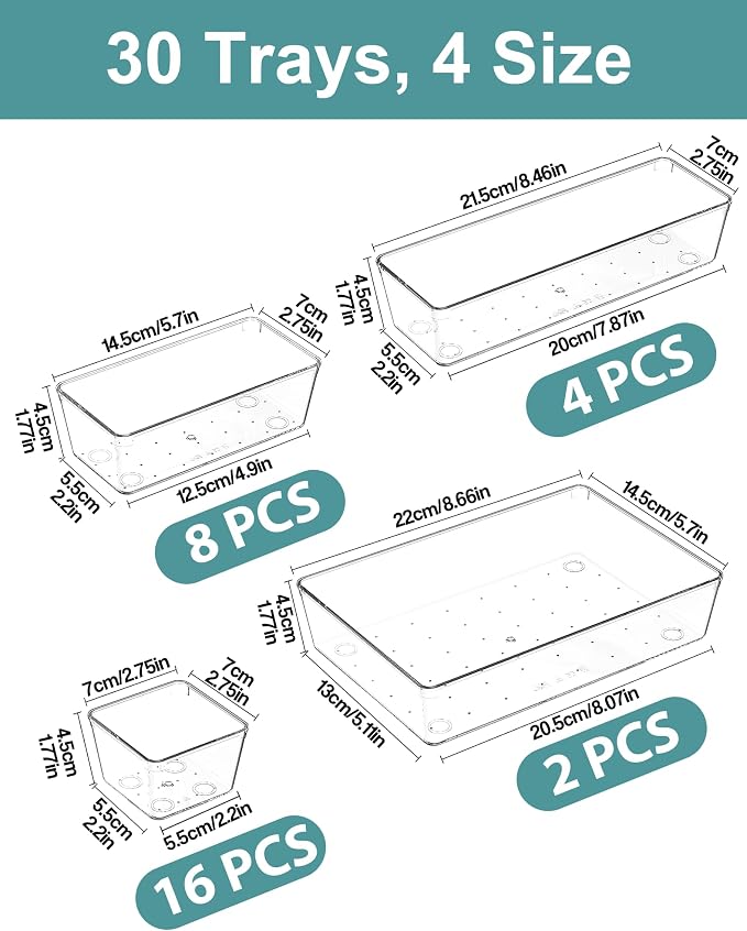 30Pcs Clear Plastic Drawer Organizers Set, 4size makeup drawer organizer trays for vanity,desk,bathroom,office,nightstand,gadgets for kitchen drawer, Versatile drawer divider storage bins