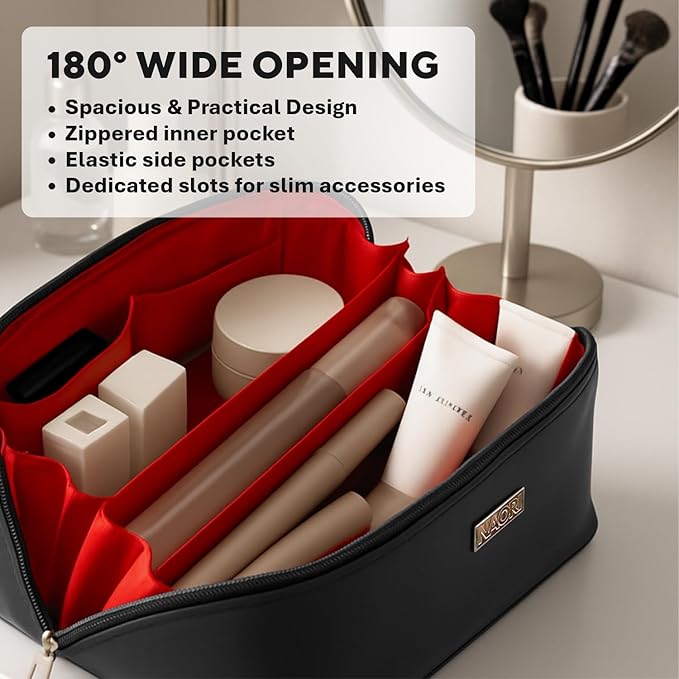 NAORI Travel Makeup Bag for Women | Large Luxury Cosmetic Organizer with Handle & Inner Pockets | Waterproof Faux Leather Toiletry Bag | Makeup Case for Home, Travel & Gifting (Elegant Black)