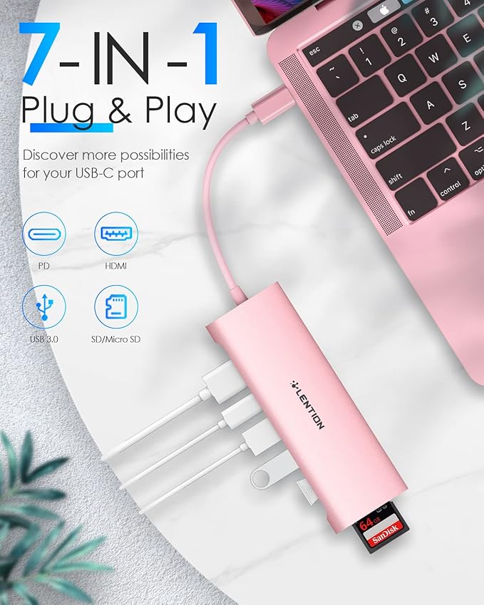 LENTION 7-in-1 USB C Multiport Hub with 4K HDMI, 100W PD, 3 USB 3.0 Ports, SD/MicroSD Card Reader Compatible MacBook Pro/Air 2016-2025 Stable Driver Adapter (CB-C36B, Rose Gold)