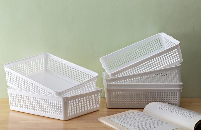 Eslite A4 Size Plastic Storage Basket,Desktop File Paper Letter Organizer Tray, 6-Packs (White)