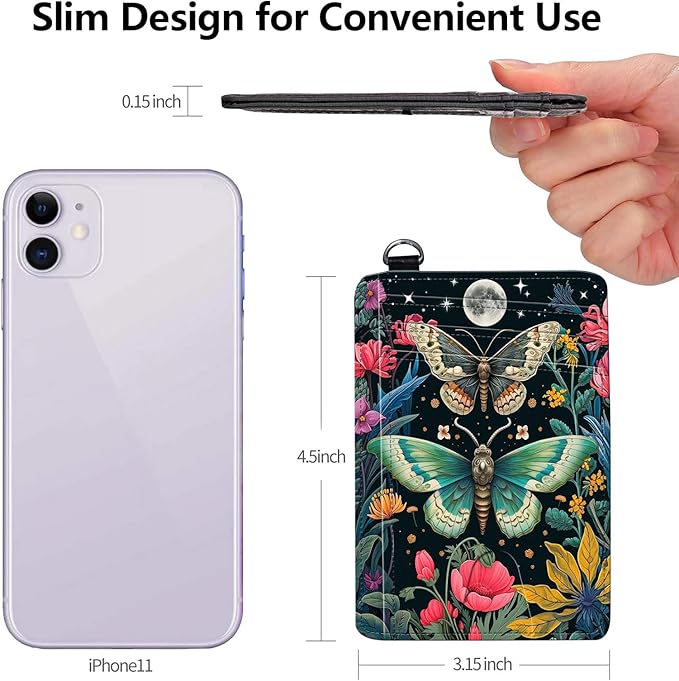 Slim RFID Blocking Card Holder Wallet with Wrist Strap - Minimalist Front Pocket Wallet, Moth Flower 02 Design, PU Leathe, for Men & Women, Ideal for Travel & Gifts