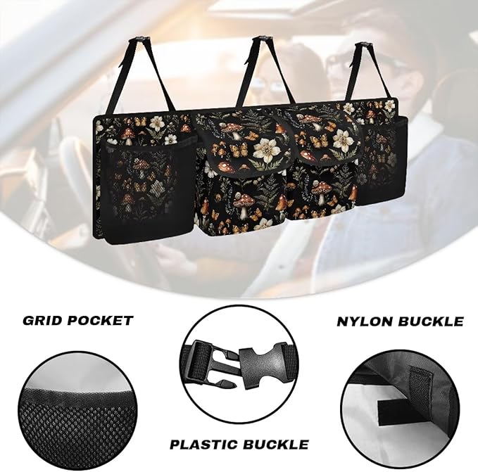 Mushroom Car Trunk Organizer and Storage,Flower Backseat Hanging Organizer for SUV,Truck,Van Collapsible Cargo Storage Bag,Car Interior Accessories Road Trip Adjustable Strap