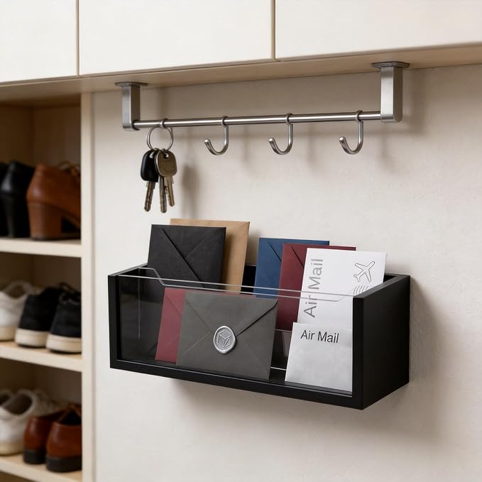 Mail Organizer with Clear Acrylic Dividers - Adjustable 2-in-1 Desk & Wall Mount Letter Holder, Modern Paper Sorter for Home Office Organization (Black)