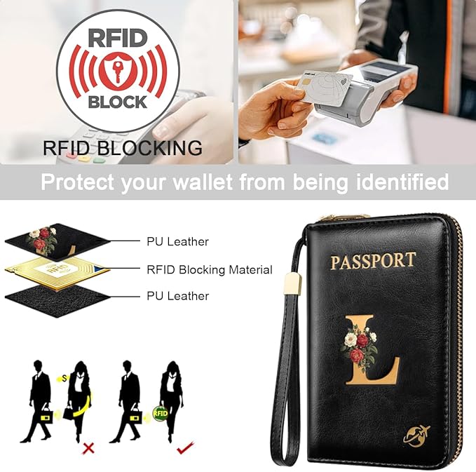 Passport Holder Cover Wallet with Zipper Personalized Initial Letter L Rose Flower RFID Blocking Travel Wallets Credit Cards Holder for Women, Gift for Wife and Girlfriend,L