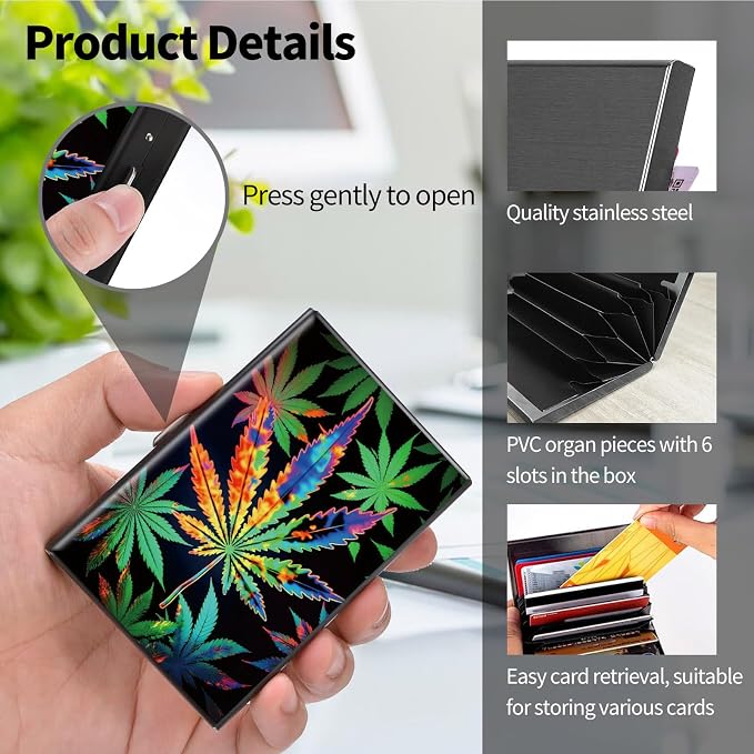 Metal Wallet for Women Men Girls, RFID Blocking Slim Aluminum Credit Card Holder, Mini Travel Wallet with Hard Shell, Lightweight ID & Business Card Case,Marijuana Leaf Weed
