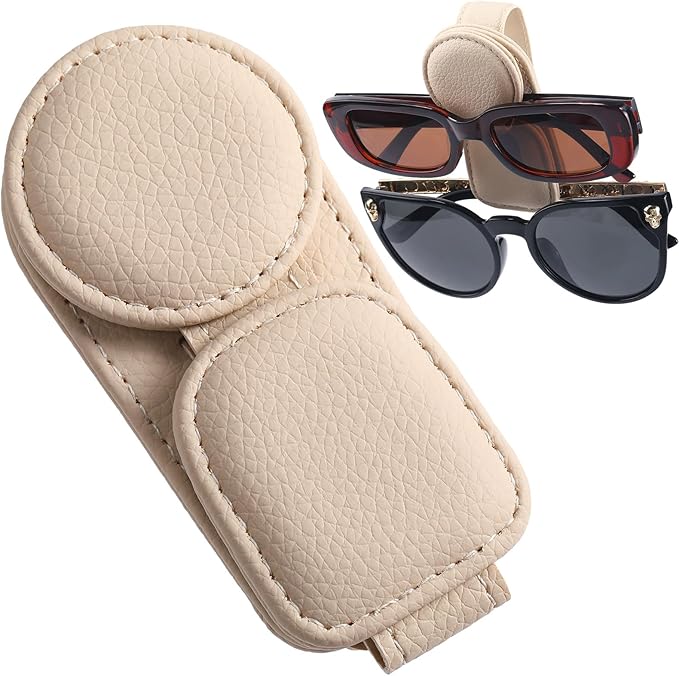 Konohan Sunglasses Holder for Car Visor Leather Eyeglass Hanger Magnetic Sunglasses Holder with 2 Clips(Beige)