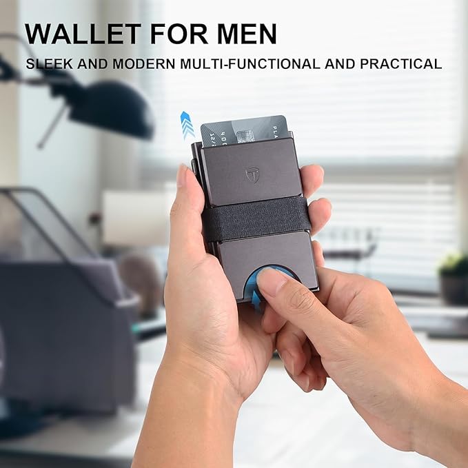 TOYFID Slim Pop Up Wallets,Men's Front Pocket Card Holder with RFID Blocking Expandable Backplate & Cash Band Aluminum Minimalist Wallet Gift for Boyfriend/Dad/Friends Holds 12+ Cards,Grey