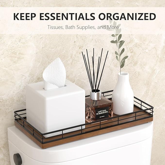 Toilet Paper Basket Organizer – Oak Wood Toilet Tank Tray with Metal Frame, Back of Tank or Top Bathroom Counter Storage – Black & Brown Modern Decor