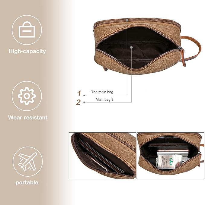 Tumecos Men’s Toiletry Bag Leather Waxed Canvas Shaving Dopp Kit Travel Accessories Organizer Bag