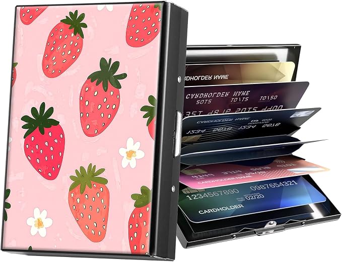 Metal Wallet,Credit Card Holder for Women Men,RFID Blocking Card Holder Mini Slim Aluminum Wallet ID Case Hard Case Business Card Holder Case,Cartoon Strawberry Pink