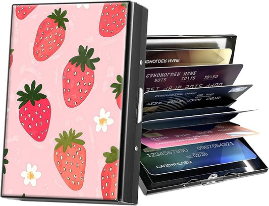 Metal Wallet,Credit Card Holder for Women Men,RFID Blocking Card Holder Mini Slim Aluminum Wallet ID Case Hard Case Business Card Holder Case,Cartoon Strawberry Pink