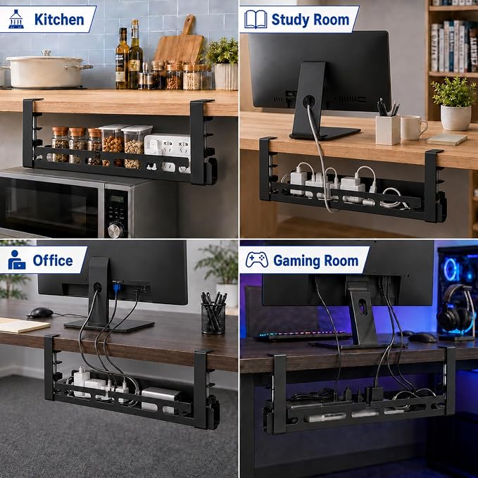 Under Desk Cable Management Tray, 15.75" No Drill Clamp-On Metal Cable Tray for Power Strip, Compact Under Desk Cord Organizer and Wire Management Holder for Office, Gaming Desk, Standing Desk