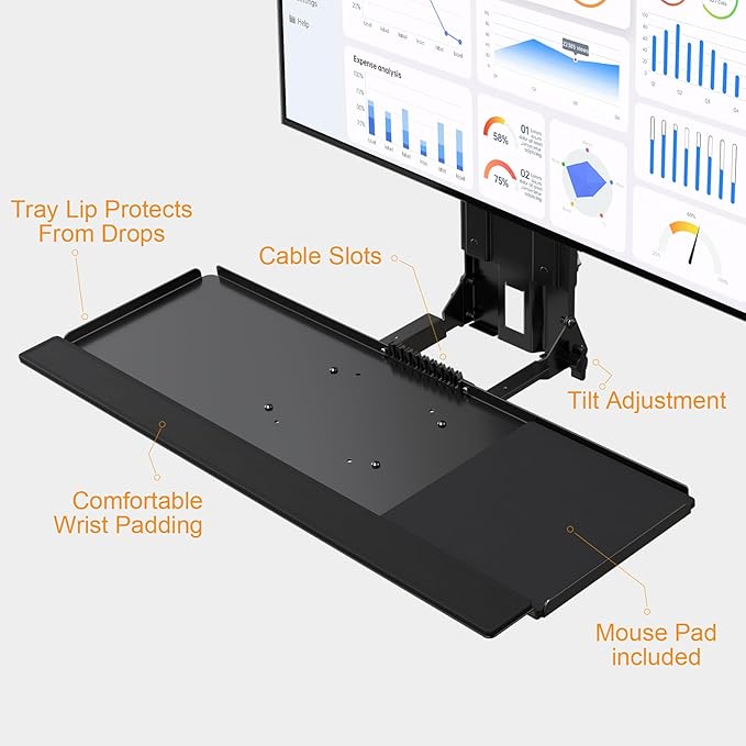 PUTORSEN Monitor and Keyboard Wall Mount with CPU Holder for 32" Monitors (55 lbs Max), Keyboard Tray (4.4 lbs Load) & CPU Holder (22 lbs Capacity) - Height Adjustable, with Mouse Pad, VESA75/100