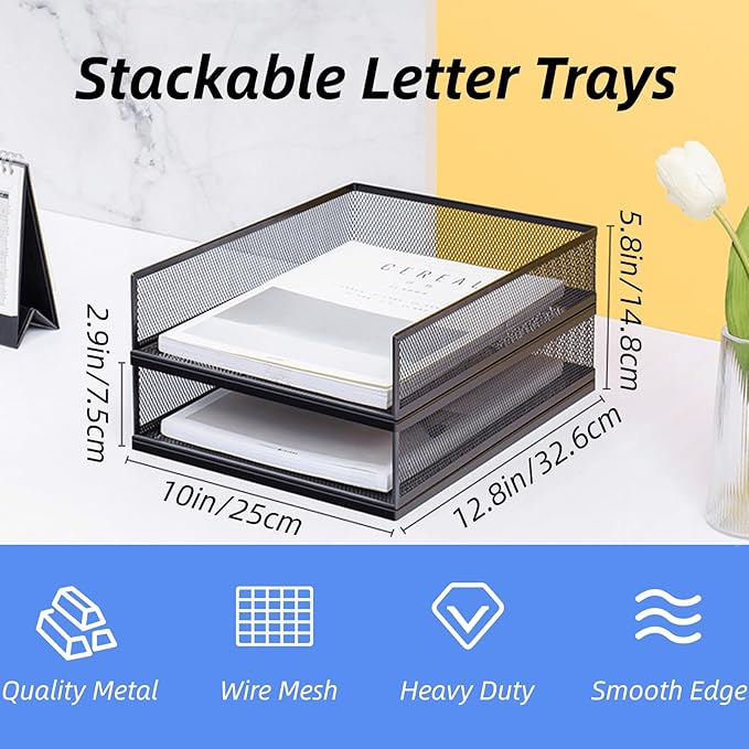 YOUEON 2 Pack Wire Mesh Letter Trays 12.8"x10"x2.9", Stackable Paper Tray Organizer for Desk, Metal Desk Magazine File Holder for Home, Office, School