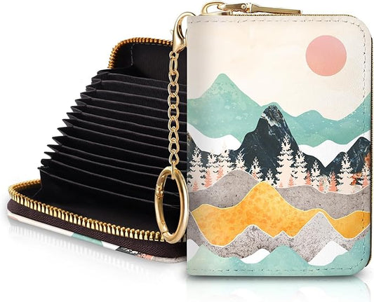 Blusabaca RFID Credit Card Holder Wallets for Women, Sunset Sunrise Mountain Small Card Case Wallet with Keychain and Zipper, Leather Card Holder Pocket Business Card Accordion Wallet