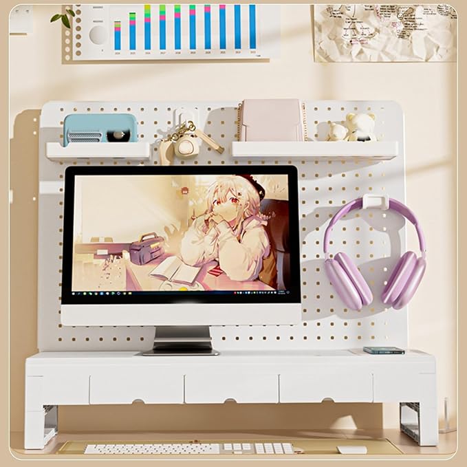 Desk Shelves, Desk Pegboard, Monitor Stand with 3 Drawers, for Gaming & Office, Standing Desk Accessories, for Laptop, Computer(White)