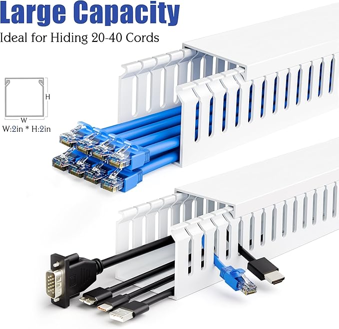 ZhiYo 2 x 2in Professional Server Rack Cable Management Raceway, 99in (6X L16.5in) Cable Raceway Kit, Electrically Safe PVC Open Slot Wire Raceway for Under Desk/Computer/Network Cords, White