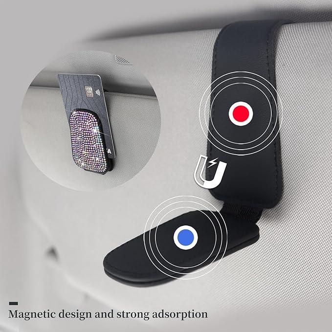 Yuchew Bling Sunglass Holder for Car Visor Magnetic Leather Sunglasses Visor Clip, Eyeglass Hanger Ticket Card Clip