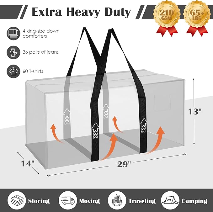 6 Pack Moving Bags Heavy Duty 210GSM with Full-Open Side Zipper, 93L 65lbs Waterproof Foldable Storage Totes for College Dorm Move-In, Moving Boxes Alternative & Home Organization,White