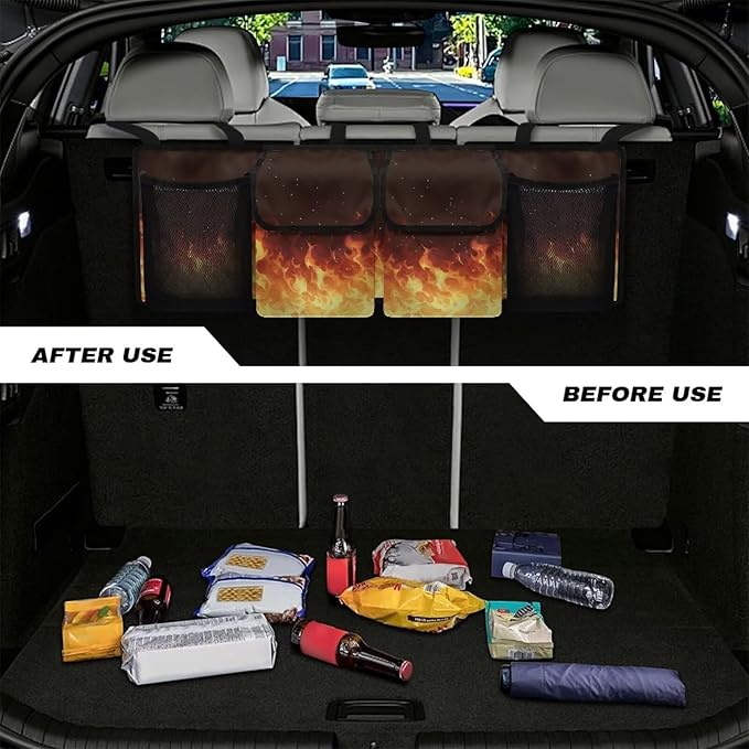 Flame Car Trunk Organizer,Backseat Hanging Storage with 4 Large Pockets,Collapsible Cargo Bag with Adjustable Straps Frees Trunk Floor for SUV,Truck,Van Easy to Washable