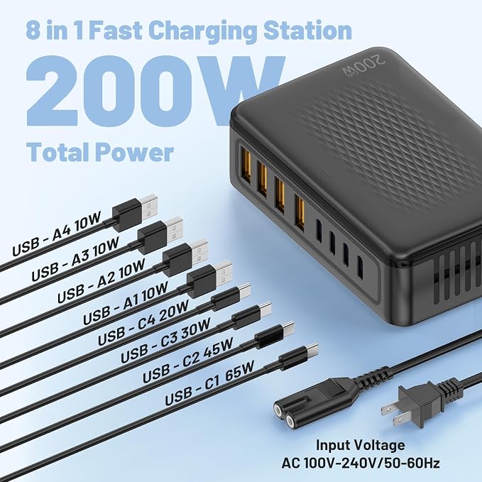 Essri 8-Port USB C Charging Station,65W GaN USB C Charger Block,PD 3.0 Desktop Charger, Power Strip Adapter Compatible with iPhone 17/16/15/14,MacBook Air/Pro,DELL, iPad Pro,Galaxy and More,Black