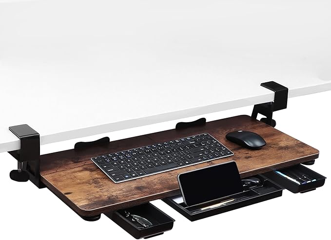 Large 26.77" Keyboard Tray Under Desk with Storage Drawer - Heavy Duty C-Clamp Mount, Ergonomic Computer Keyboard Stand for Home Office, Easy Install (Mahogany)