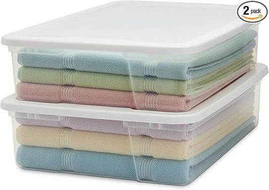 HOMZ 2-Pack Snaplock, Small Clear Plastic Storage Organizer Bins w/ Lids, 28 Quart, White - Stackable Container Boxes for Bedroom, Bathroom, Garage, and Office Organization