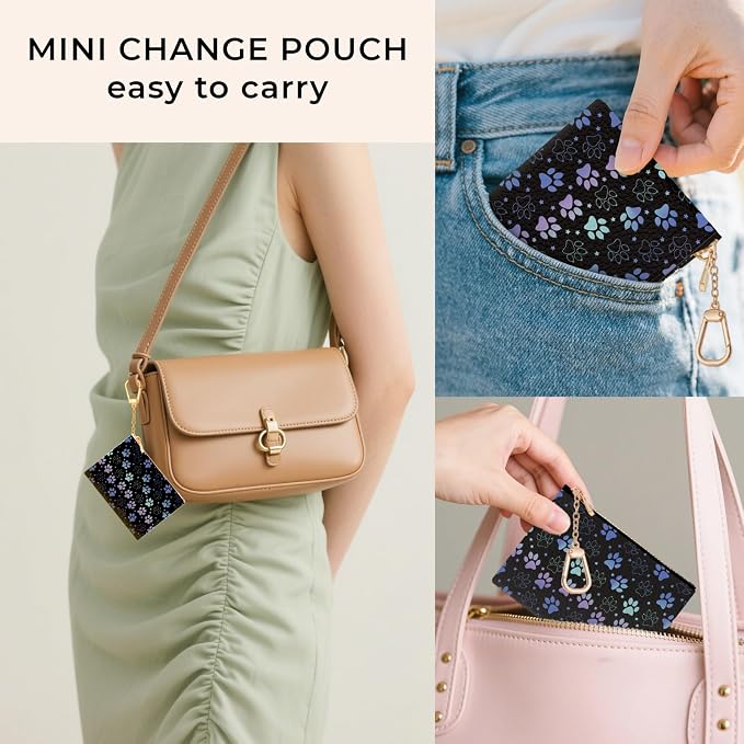 Dog Paw Cute Keychain Coin Purse for Women, Small PU Leather Change Pouch, Zipper Little Travel Credit Card Wallet for Girls, Tiny Zip Pocket Coin Holder with Key Ring for Ladies Gifts