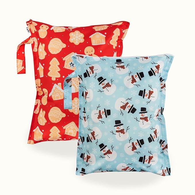 Tiny Twinkle Mess Proof Wet Bags | 2-Pack Reusable Waterproof Wet Bags for Swimsuits | Baby Clothes | Travel & Diaper Bag (Christmas Set)