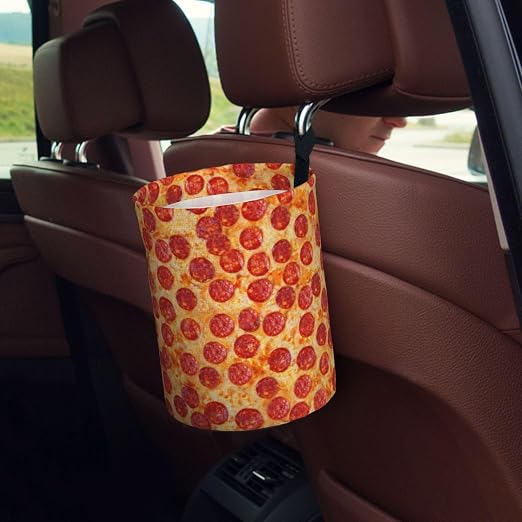 Car Garbage Bag Pizza Pepperoni Mini Car Trash Bin Portable Collapsible Waterproof Rubbish Bag for Car Accessories Back Front Seat Cup Holder