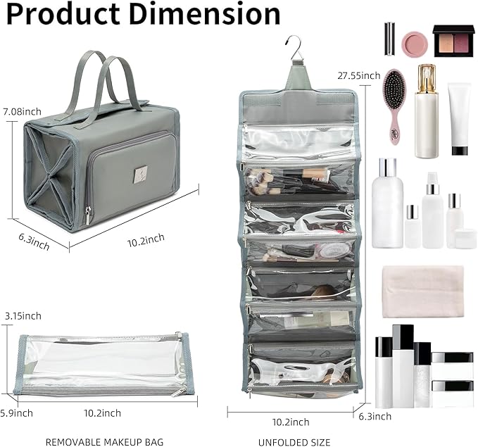 ROYALFAIR Roll Up Makeup Bag, Travel Toiletry Bag for Women with 4 Clear TSA Approved Pouches, Hanging Travel Organizer, Folding Cosmetic Bag for Men and Women (grey)