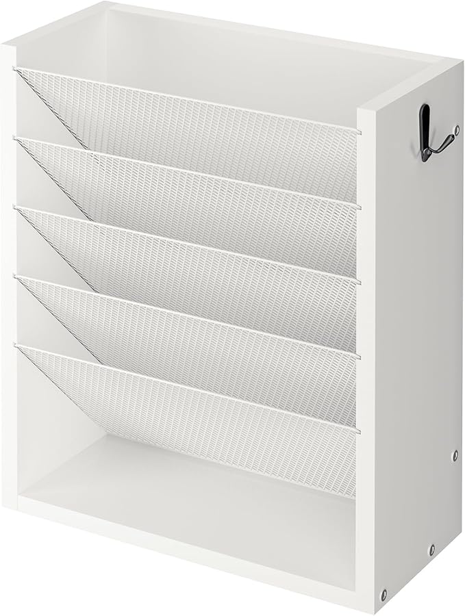 Mail Organizer Wall Mounted, 6-Tier Wall File Organizer with 2 Hooks, Wooden Desk Organizer Magazine Holder with Bottom Flat Tray, for Office Home, White