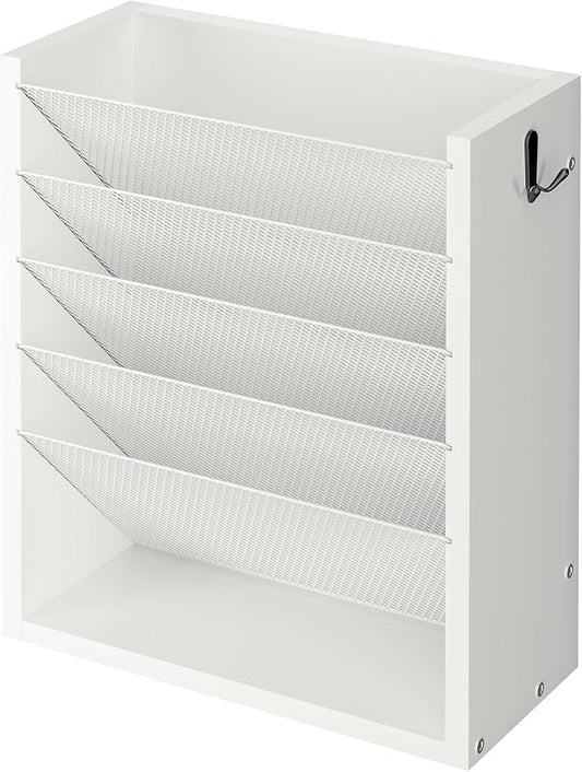 Mail Organizer Wall Mounted, 6-Tier Wall File Organizer with 2 Hooks, Wooden Desk Organizer Magazine Holder with Bottom Flat Tray, for Office Home, White