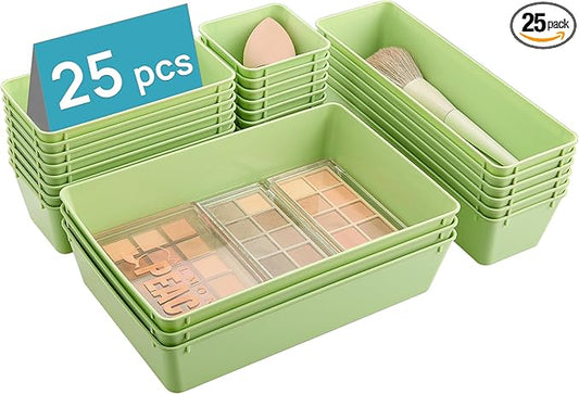 Vtopmart 25 PCS Plastic Drawer Organizers Set, 4-Size Versatile Bathroom and Vanity Drawer Organizer Trays, Storage Bins for Makeup, Bedroom, Kitchen Gadgets Utensils and Office